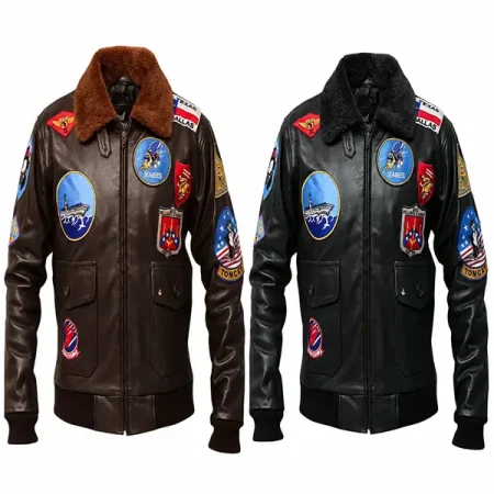 Brown and black aviator jackets side by side with plush collars and colorful aviation patches.