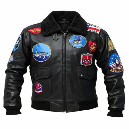 Front of a black aviator jacket with a plush collar, colorful aviation patches and flap pockets.