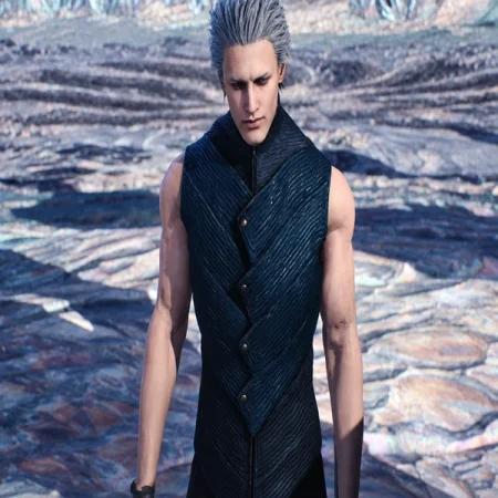 Silver-haired game character wearing a dark sleeveless vest with diagonal ribbing and an asymmetric button closure.