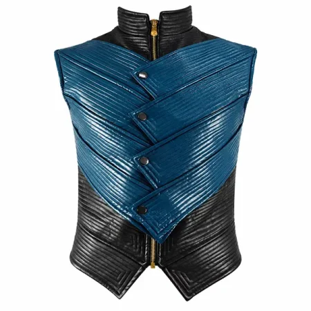 Blue and black sleeveless vest with diagonal ribbed panels, snap fasteners and a high collar.