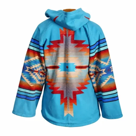 Back of a blue coat with a lowered hood and large red, cream and blue geometric pattern.