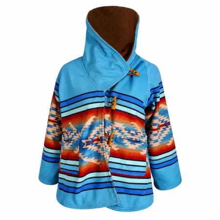 Blue hooded coat with multicolored geometric patterns, wooden toggle closures and front pockets.