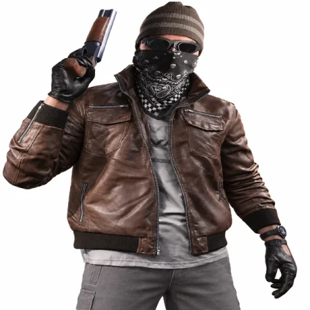 Masked character wearing a distressed brown bomber jacket with chest pockets, silver zips, and ribbed cuffs, holding a firearm upright.