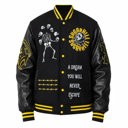 Black and yellow varsity jacket with skeleton graphics and A Dream You Will Never Escape lettering.