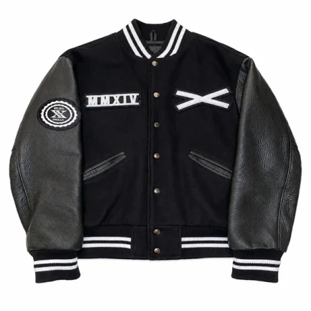 Black varsity jacket with white striped trims, MMXIV chest lettering and a crossed white emblem.