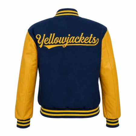 Navy varsity jacket with yellow sleeves and Yellowjackets script across the back.