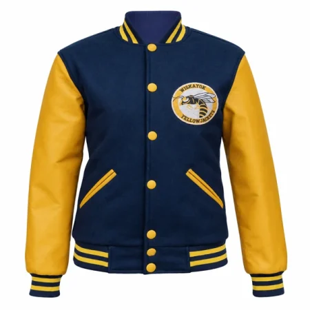 Navy and yellow varsity jacket with a hornet chest patch, yellow snap buttons and striped trims.
