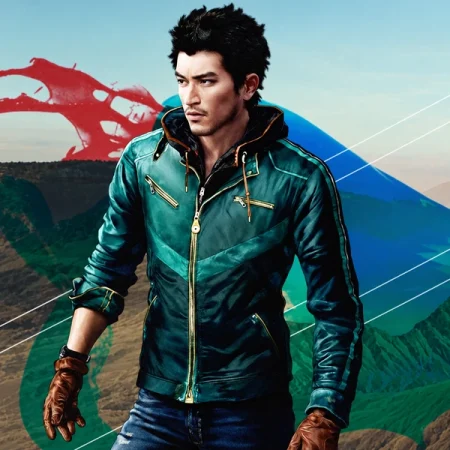 Male game character wearing a teal hooded jacket with gold zippers and brown gloves.