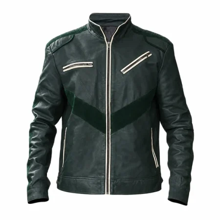 Dark green jacket with a stand collar, silver zippers and a darker V-shaped front panel.