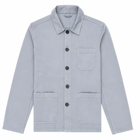 Light grey chore jacket with five dark buttons, a shirt collar, one chest pocket, and two lower patch pockets on a white background.