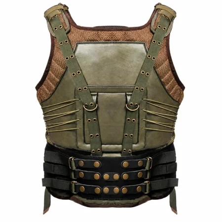 Back view of an olive green costume vest with brown mesh, eyelet straps, side lacing, and black waist straps with brass-tone studs.