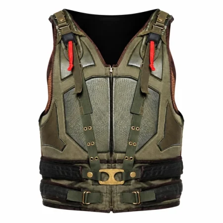 Olive green costume vest with textured panels, a front zipper, red shoulder tabs, and black waist straps with brass-tone buckles.