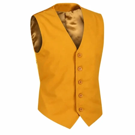 Mustard yellow waistcoat with a V-neck, five matching buttons, pointed front hem, and gold lining on a white background.
