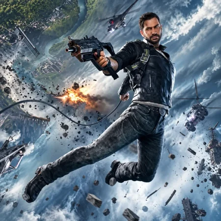 Action illustration of a man in a black jacket and jeans holding a gun while airborne, with helicopters and explosions behind him.