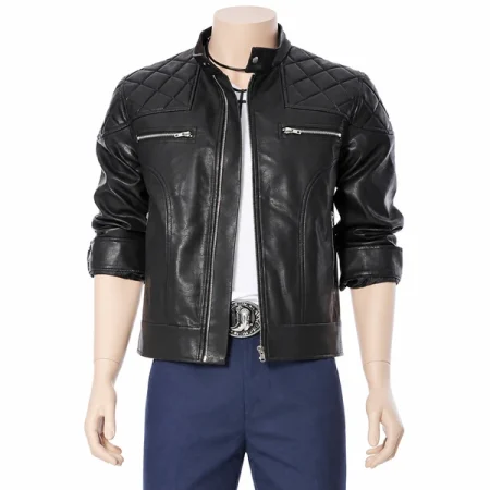 Black biker jacket with diamond-quilted shoulders, a snap-tab collar, and silver zip pockets, displayed on a mannequin.